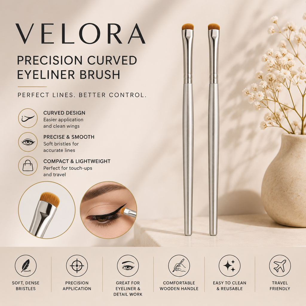 VELORA Precision Curved Eyeliner Brush – Easy Wing & Detail Makeup Tool